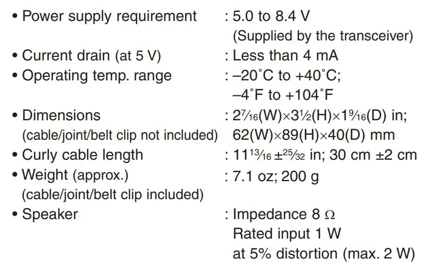 ICOM HM-169IS Water Proof Speaker Microphone - SPECIFICATIONS