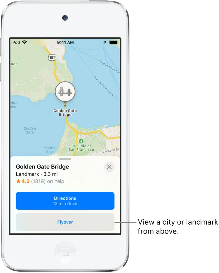 An information card for the Golden Gate Bridge shows a Flyover button below a Directions button.