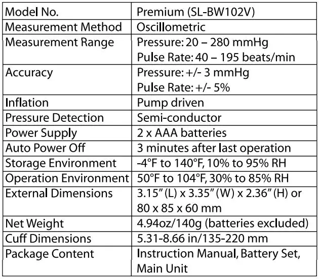 SureLife 08496021201 Wrist Premium BPM User Manual - Specifications