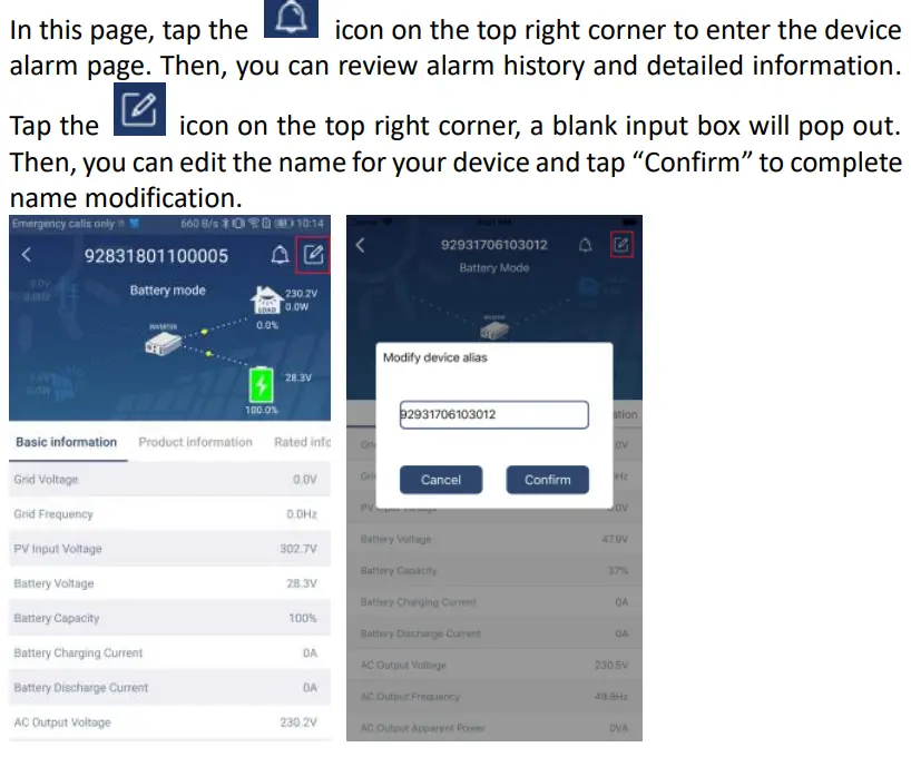 Wi-Fi Module and WatchPower Apps User Manual - Device Alarm and Name Modification