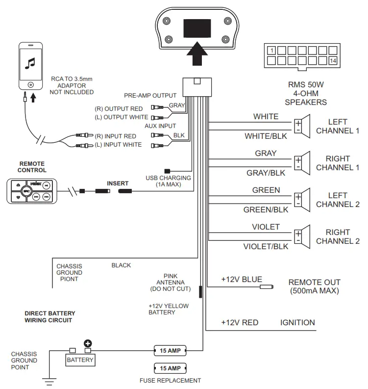 velex VX505 Bluetooth Amplifier - WIRE DIAGRAM