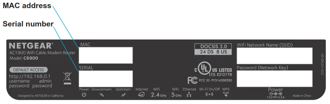 modem router’s serial number and MAC address