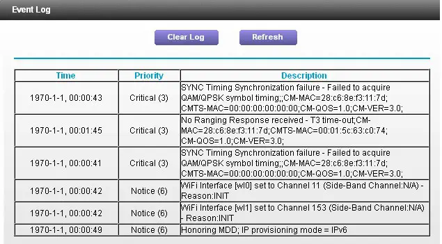 netgear-nighthawk-ac1900-wifi-cable-modem-router- Administration Event Log