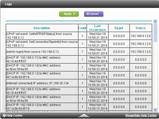 netgear-nighthawk-ac1900-wifi-cable-modem-router- Administration Logs