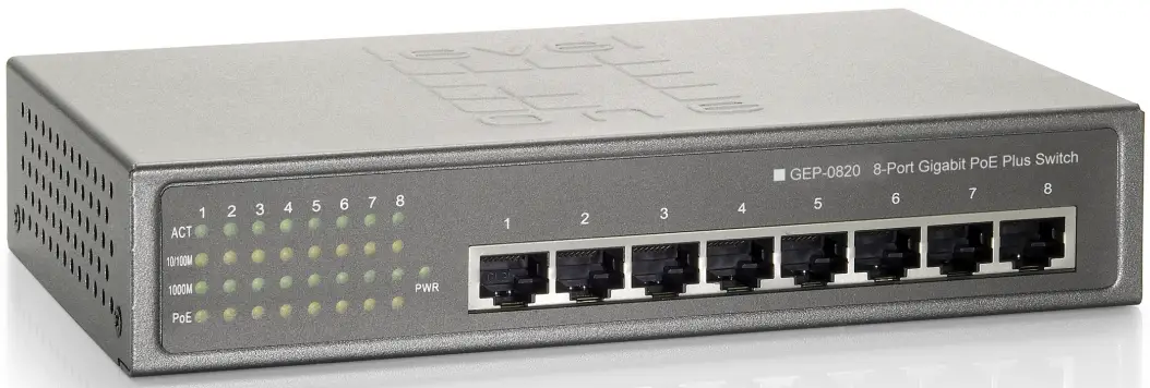 level one GEP-0820W90 8-Port Gigabit PoE Switch, 802.3at/af PoE, 90W