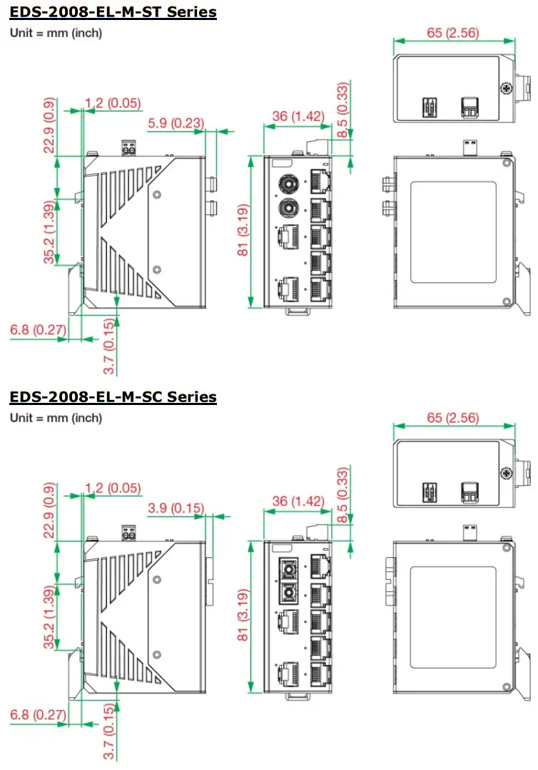 MOXA EDS 2008-EL Series Unmanaged Switches - Mounting Dimensions 1