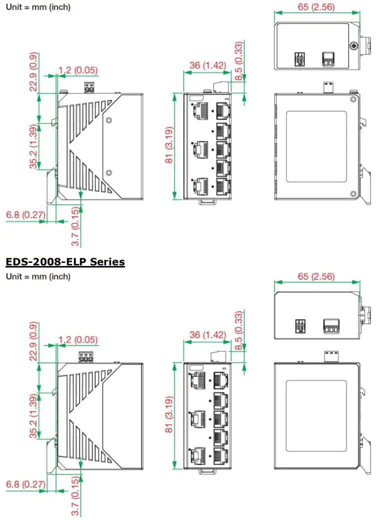 MOXA EDS 2008-EL Series Unmanaged Switches - Mounting Dimensions