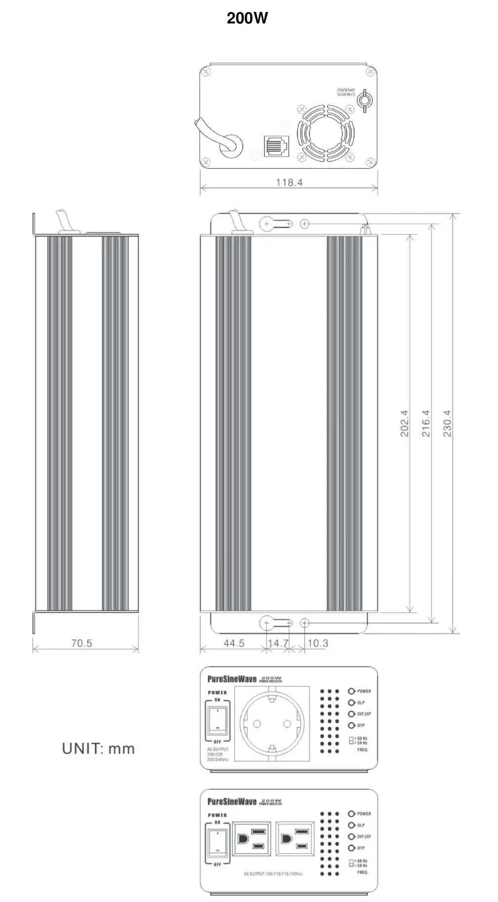 HELIOS SF200-350 Series Pure Sine Wave Inverters - Mechanical Drawings