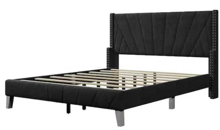 HOMEDEPOT-SXB0812AAB-Black-Velvet-Upholstered-Frame-Queen-Platform-Bed-with-Channel-Tufting-and-Nailhead-Trim-PRODUCT