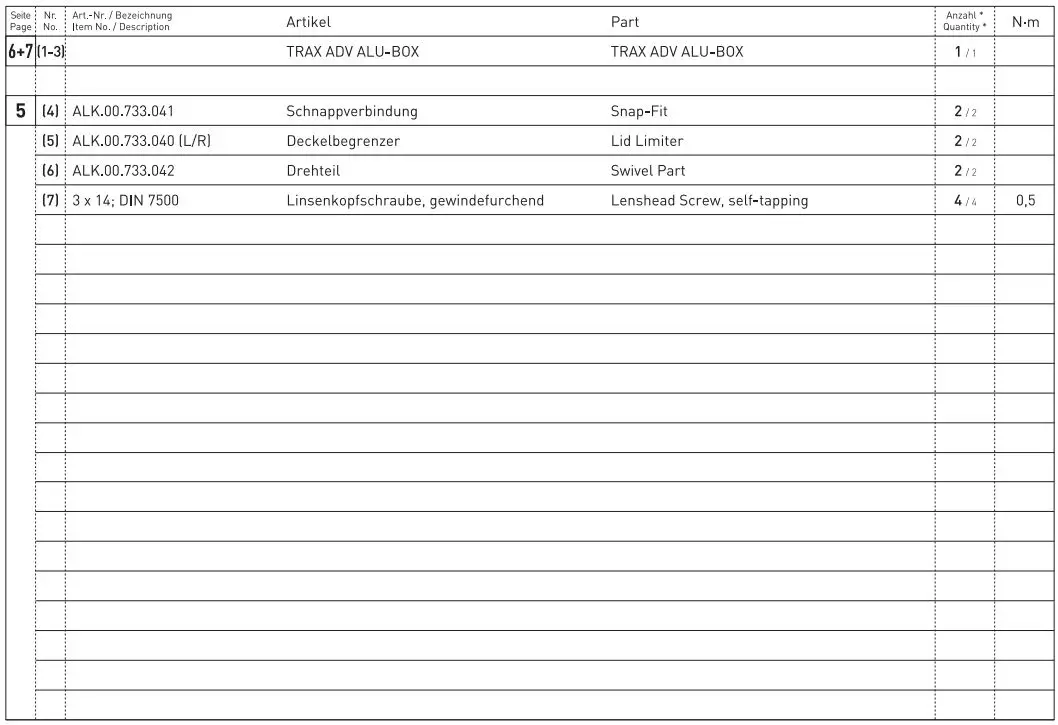 SW-MOTECH KFT.13.849.70000-B Aluminum Case System Instruction Manual - Parts List