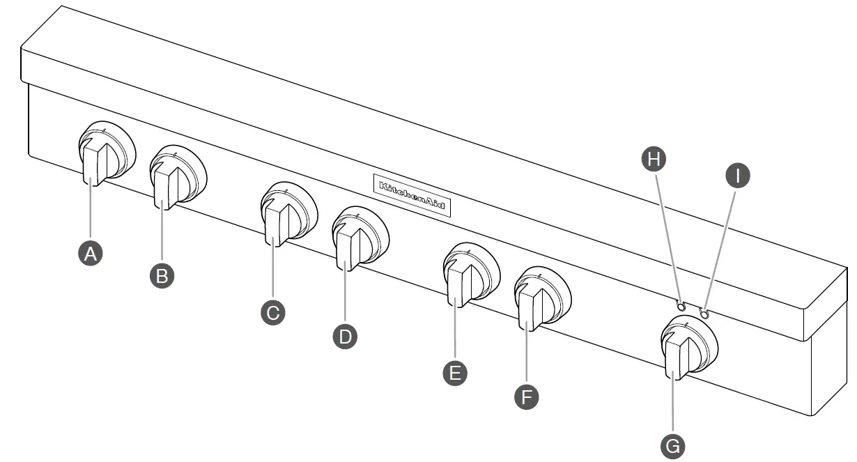 KitchenAid Commercial-Style 48 Inch Built-In Gas Cooktop with 6 Burners and Grid Cooktop Knobs and Indicator Lights