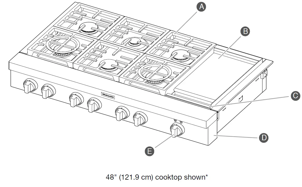 KitchenAid Commercial-Style 48 Inch Built-In Gas Cooktop with 6 Burners and Grid cooktop