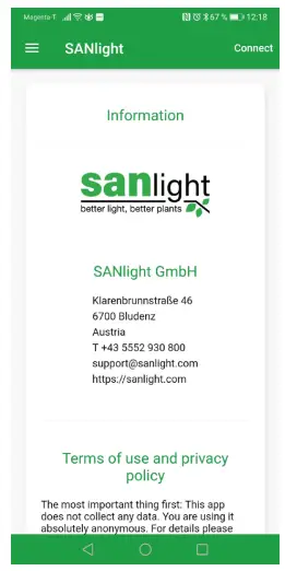 sanlight EVO Series Bluetooth Dimmer - Information screen