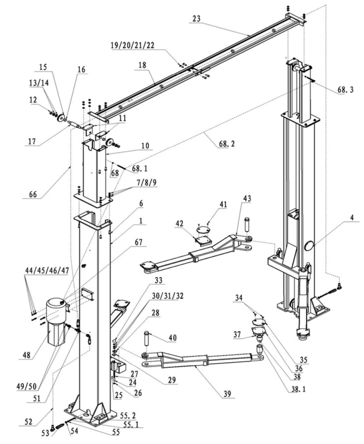 TUXED Two-Post Clear Floor Lift - EXPLODED VIEW #1