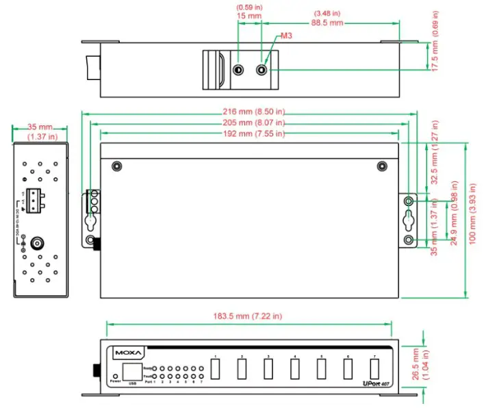 MOXA UPort 200 Port Entry-Level USB Hub - Dimensions 2