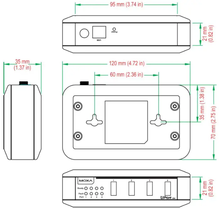 MOXA UPort 200 Port Entry-Level USB Hub - Dimensions 3