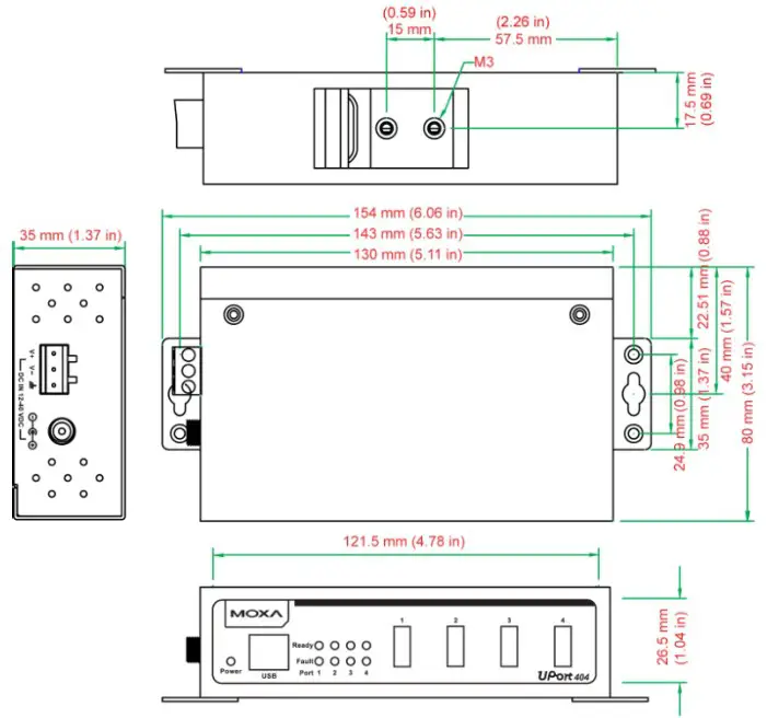 MOXA UPort 200 Port Entry-Level USB Hub - Dimensions