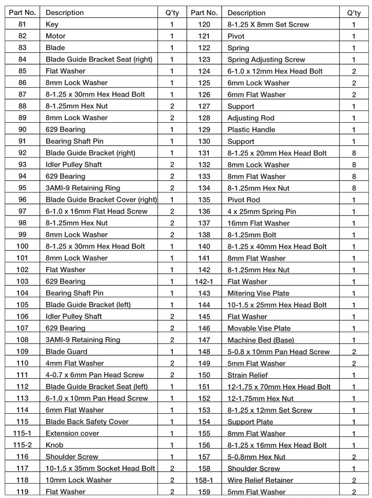 KLUTCH 4 1 2in. x 6in. Metal Band Saw With Vertical Cutting Table - Parts List 2