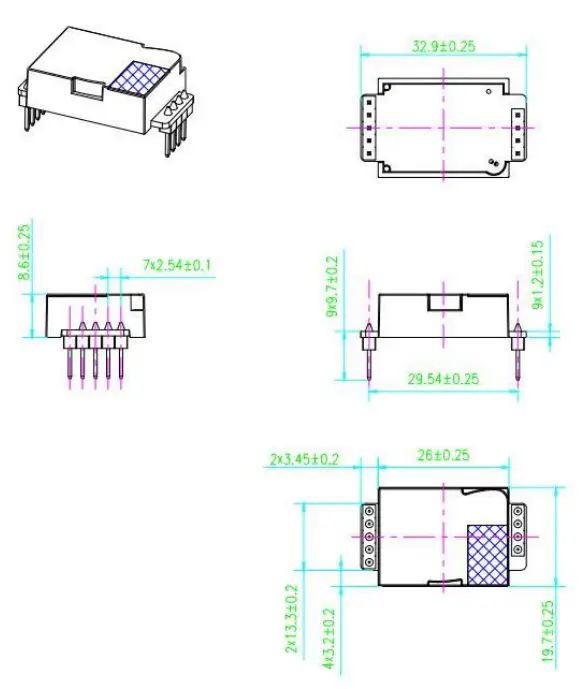 Winsen MH Z19E Infrared CO2 Sensor Module - Dimensions
