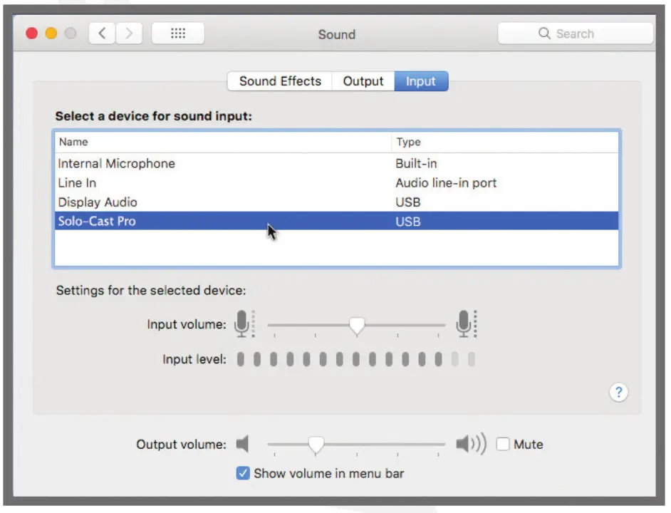 ROCKVILLE Usb Condenser Microphone- -SOUND menu click on the INPUT tab