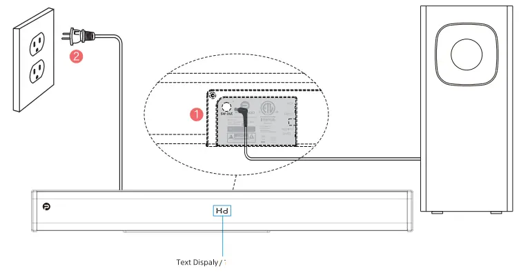PHEANOO D2 Soundbar with Subwoofer Power on the Soundbar