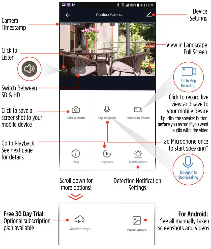 Energizer Smart WiFi Outdoor Camera EOX1-1002 User Guide - Live view controls