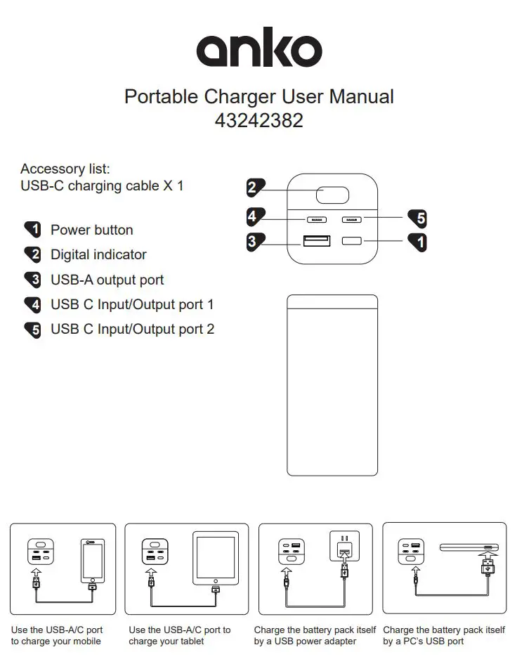 anko 43242382 Portable Charger User Manual