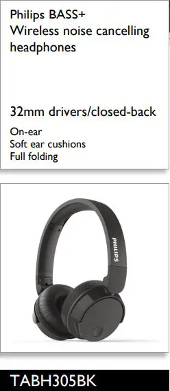 PHILIPS Wireless noise cancelling headphones 32mm drivers closed-back On-ear Instructions - Philips BASS+ Wireless noise cancelling headphones
