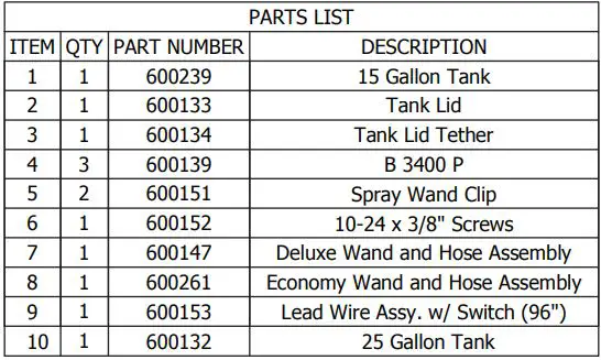 WORKHORSE LG15ESS 15 & 25 GALLON SPOT SPRAYER Instruction Manual - LG15DSS & LG25DSS Part List