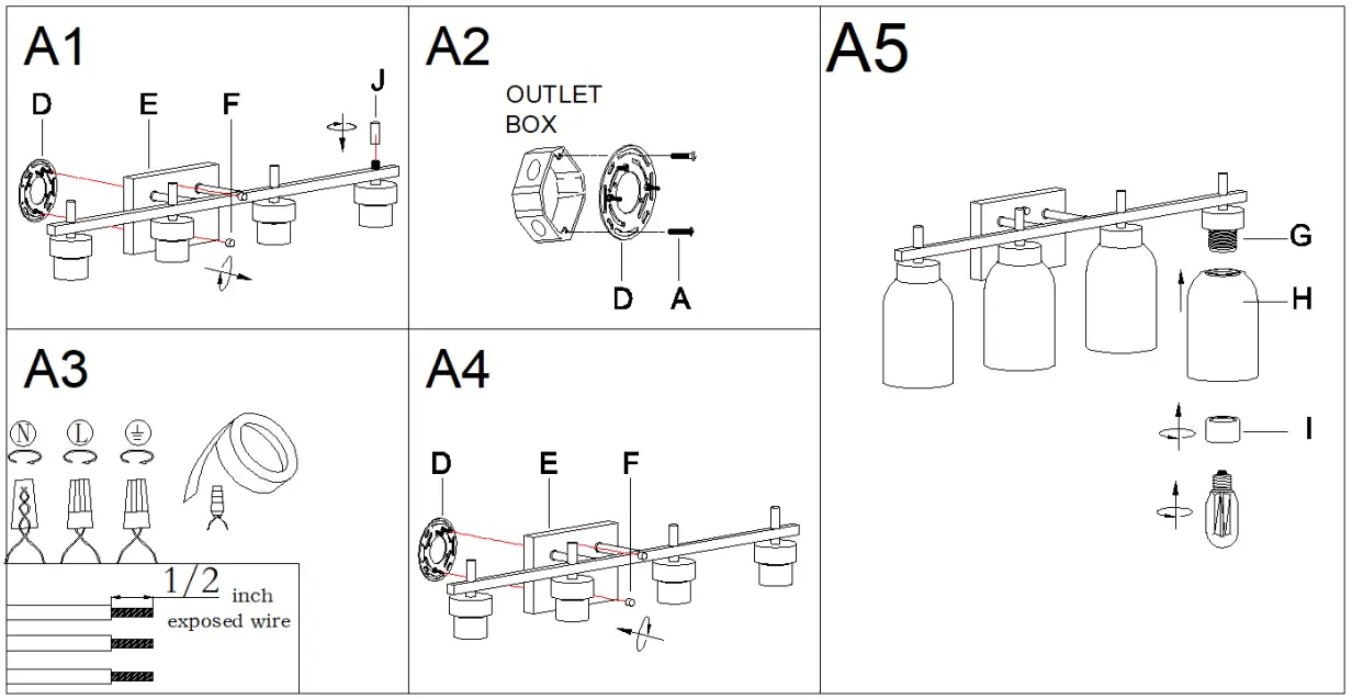 ZEVNI A04607 Bamako 28-in 4-Light Brass-Black Modern-Contemporary Vanity Light - Make assembly