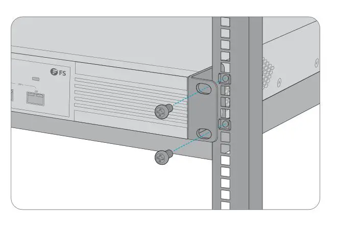 FS Managed L2+ Gigabit PoE+ Switches - Secure the mounting brackets to the two sides of the switch with the supplied M4 screws.