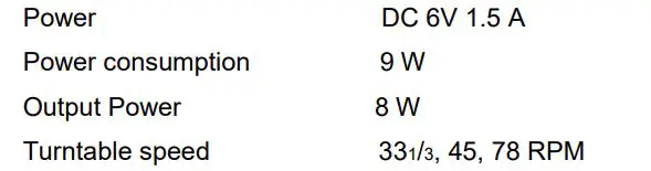 Modern Marketing Concepts CR6236A Turntable - Specifications