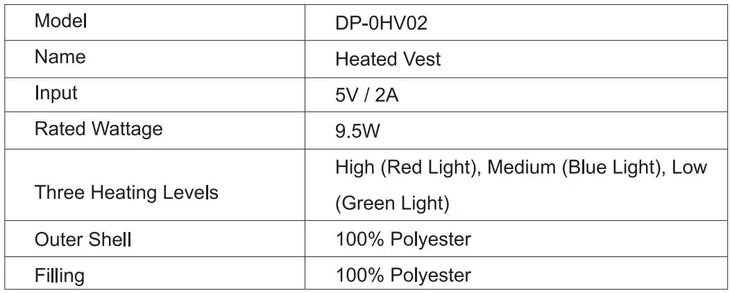 Dr Prepare DP-0HV02 Electric Heated Vest Instructions - Specifications