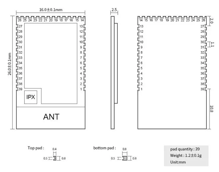 EBYTE E72 2G4M0551F CC2652RB Multifunctional SoC Wireless Module- Size and pin definition