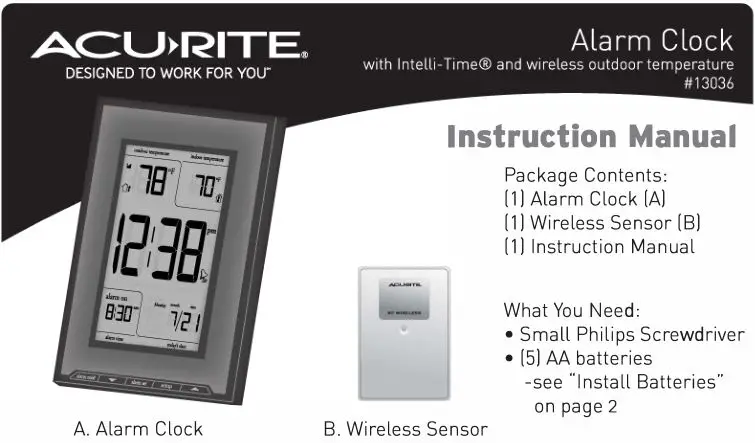 ACURITE Alarm Clock Instruction Manual & Package Contents