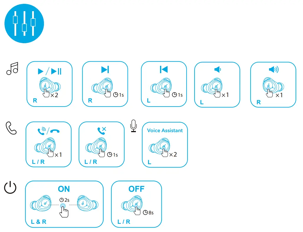 soundcore A3926R Bluetooth Wireless Earbuds - CONTROLS