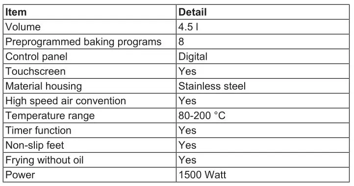 PRINCESS Digital Aerofryer Deluxe - PRODUCT SPECIFICATIONS