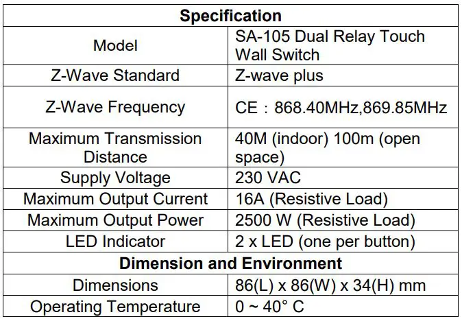 Air Live SA-105 Dual Relay Touch Wall Switch User Manual - Specifications