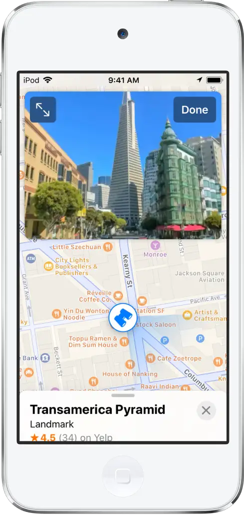 A view of a street leading to the Transamerica Pyramid building appears above a map of the area.