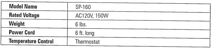 Sengoku MiniPannel SP-160 Portable Electric Heater - Specifications