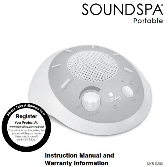 Homedics MYB-S200 SoundSpa Portable Instruction Manual and Warranty Information - Portable