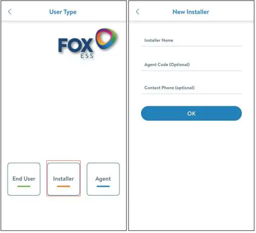 FOX-ESS GPRS GPRS0113 User Guide - Select 'Installer' and enter Installer name, then click 'OK'.
