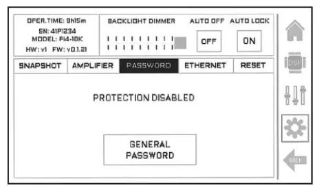 RAM Audio Pi Series Professional Power Amplifiers- PASSWORD Tab