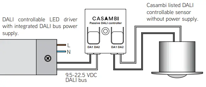 CASAMBI CBU-DCS Bluetooth Controllable DALI Controller Installation Guide - Wiring diagram, DALI LED driver and DALI sensor