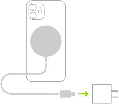 An illustration showing one end of MagSafe Charger attached to the back of iPhone and the other end connecting to a power adapter.
