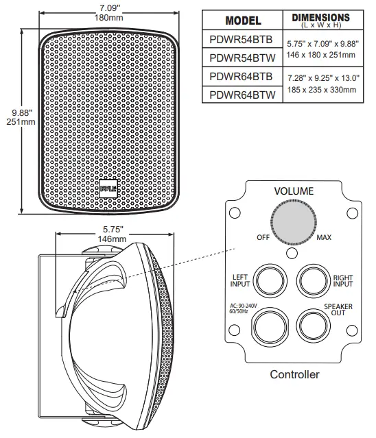 PYLE PDWR54BTB Waterproof Wireless - OVERALL DIMENSIONS