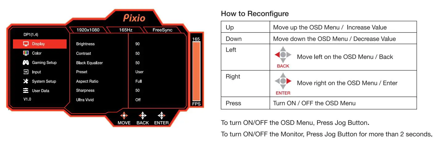Pixio PX273 Prime 27 Inch 1080p 165Hz IPS Gaming Monitor User Manual - Main OSD Navigation