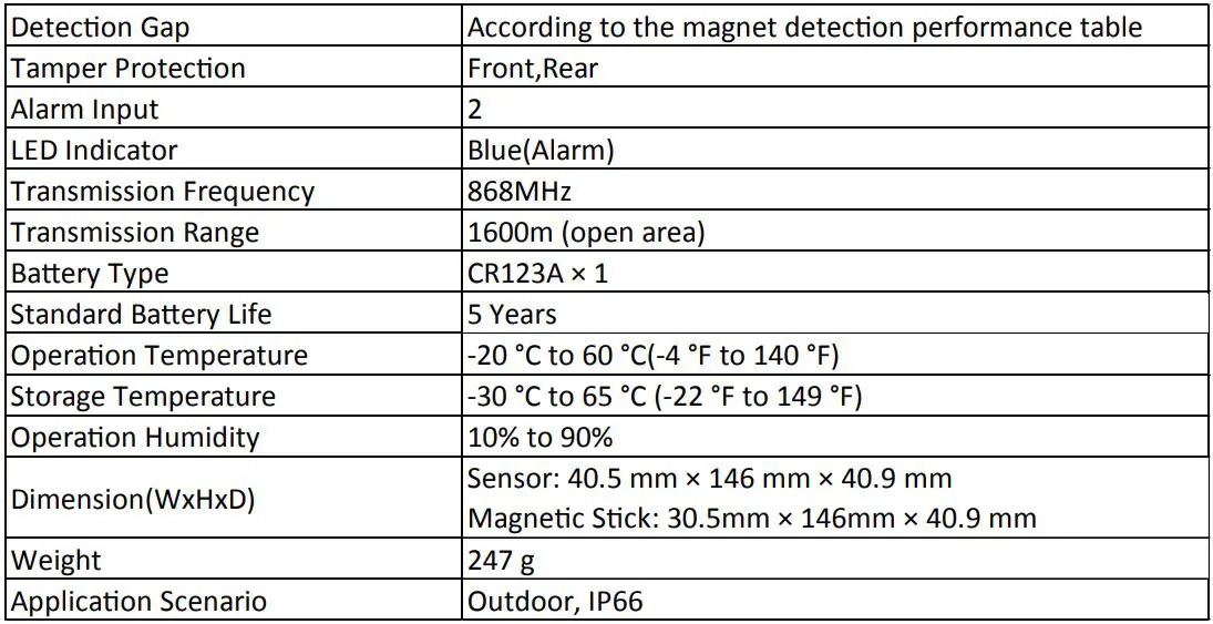 HIKVISION DS-PDMCX-E-WE Wireless External Magnet Detector User Guide - Specification