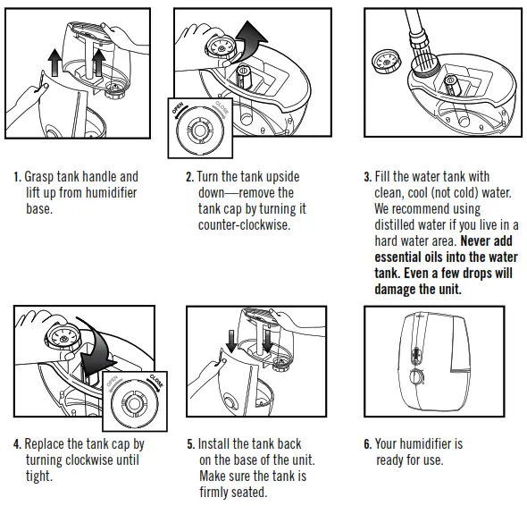 Homedics UHE-WM15 Total Comfort Humidifier Plus Instruction - HOW TO FILL