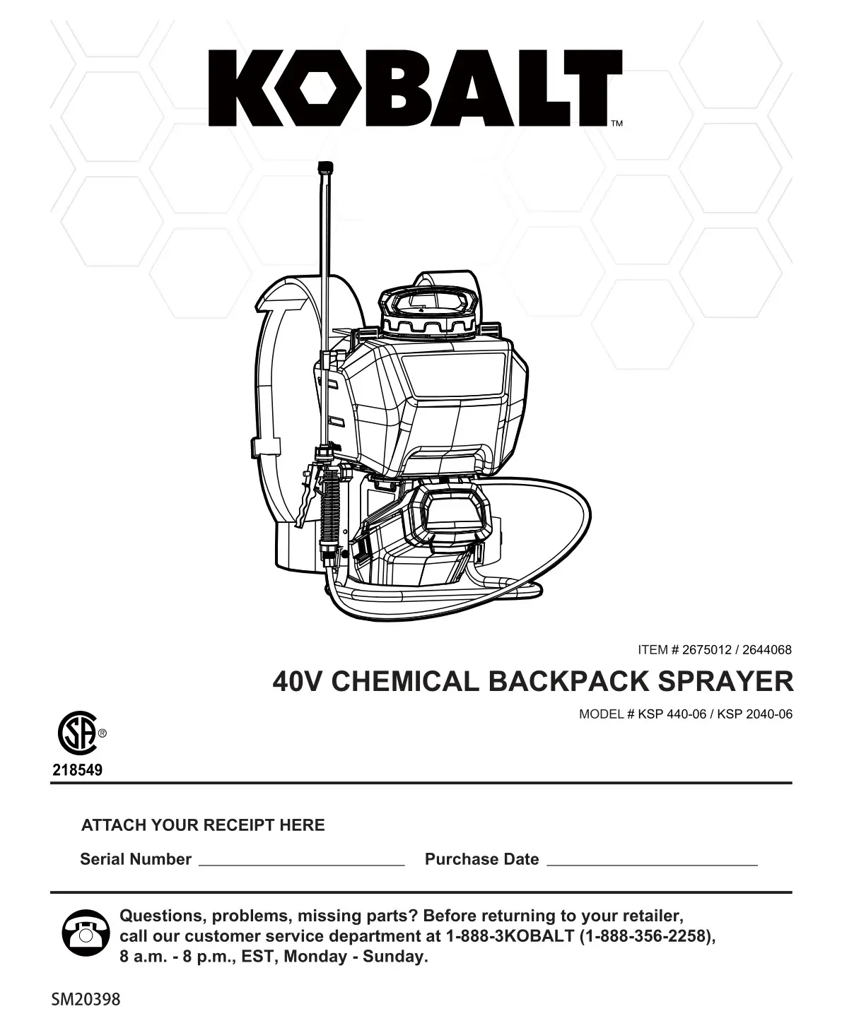 KOBALT KSP 440-06 40V Chemical Backpack Sprayer User Guide